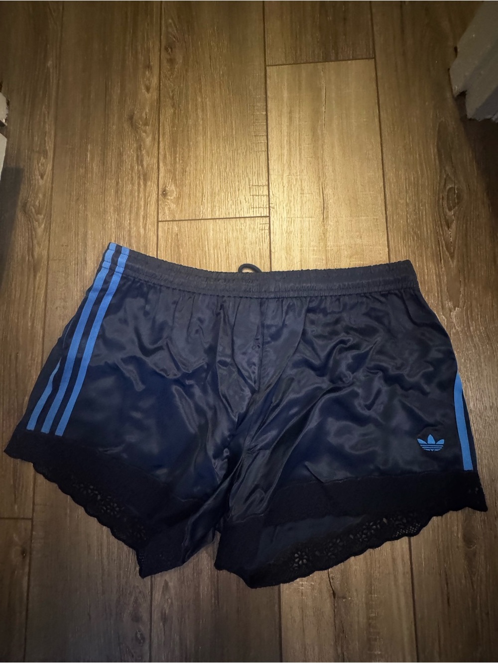 adidas x asos Navy Satin Shorts with Blue Three-Stripes and Lace Trim - Picture 5 of 6
